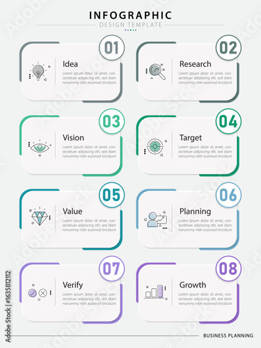 Timeline Creator infographic template. 8 Step timeline journey, calendar Flat simple infographics design template. presentation graph. Business concept with 8 options, gantt vector illustration.	
