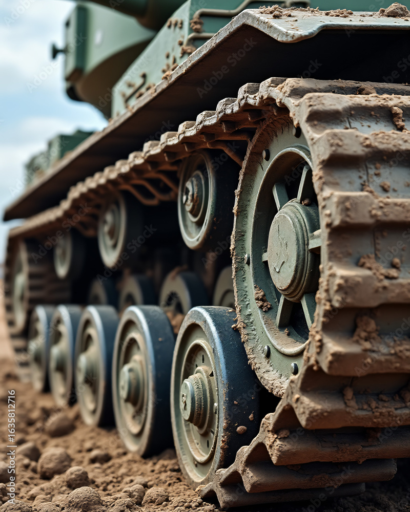 Close-Up View of Military Tank Tread on Dusty Ground Under Clear Sky Close-Up View of Military Tank Tread on Dusty Ground Under Clear Sky