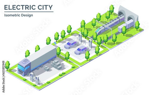 Cartoon Color Train, Electro Car, Truck and Charging Station Electric City Transportation Concept 3d Isometric View Line Elements. Vector illustration