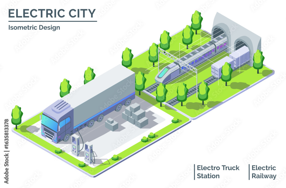 Obraz premium Cartoon Color Electro Truck and Train Electric City Transportation Concept 3d Isometric View Line Elements. Vector illustration