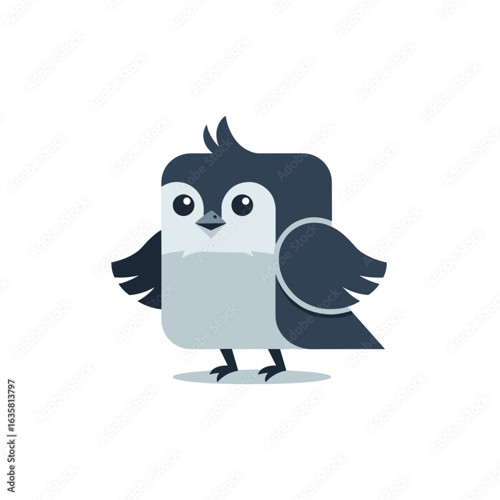Obraz premium Cute cartoon bird character with rounded square body and spread wings for animation and design projects