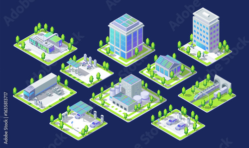 Cartoon Color Different Types Building and Vehicle Electric City Transportation Concept 3d Isometric View Line Elements. Vector illustration