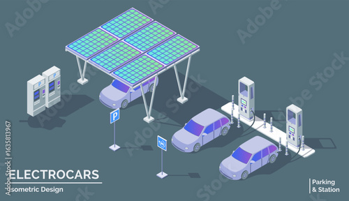 Cartoon Color Electrocar Parking and Charging Station Electric City Transportation Concept 3d Isometric View Line Elements. Vector illustration