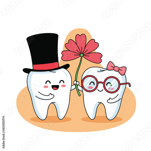 Cute cartoon teeth couple holding a flower together with a gentleman tooth wearing a top hat