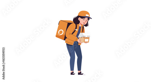 Tired female courier with a thermal delivery backpack feeling overworked. Vector illustration of an exhausted delivery service worker.