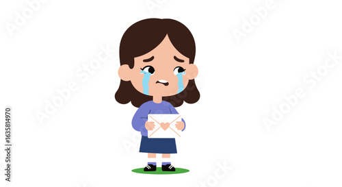 A sad cartoon girl crying after receiving a disappointing love letter. Vector illustration of childhood heartbreak and emotional pain.