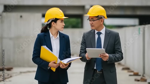 Two business professionals in construction site discussion