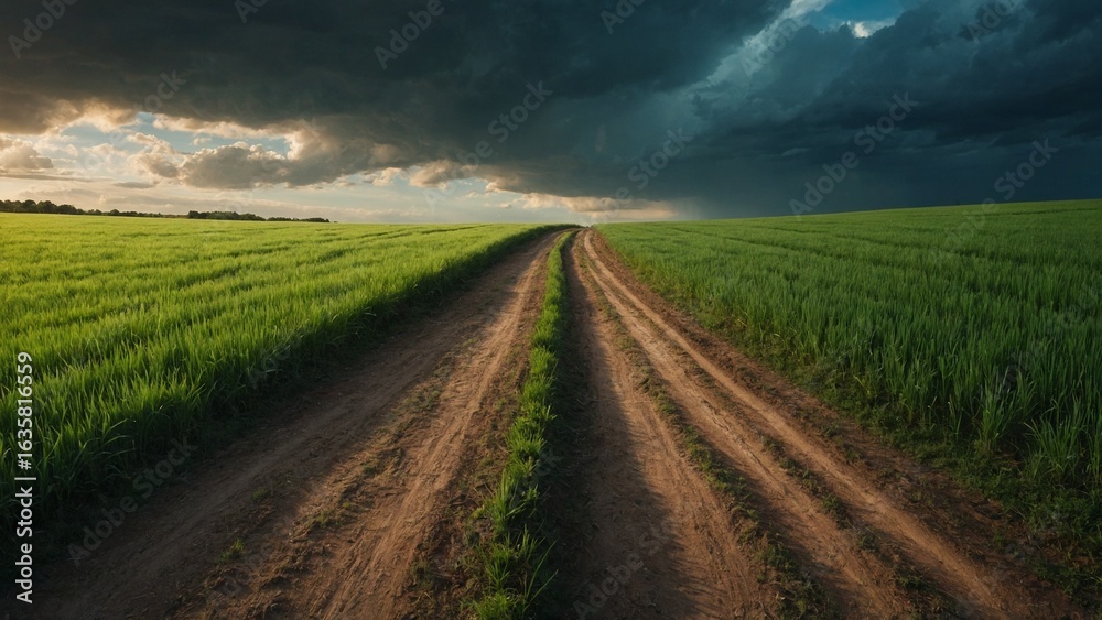 Obraz premium Paths Diverging: Two pathways split, symbolizing choices, decisions, and the crossroads of life, with vibrant green fields under a dramatic sky.
