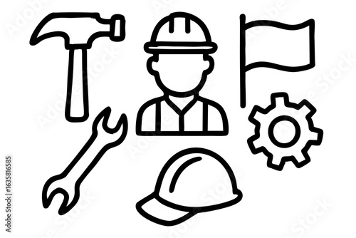 Labor Day Doodle Vector Illustration with Hand-Drawn Icons: Hammer, Wrench, Worker, Helmet, Gear, Flag