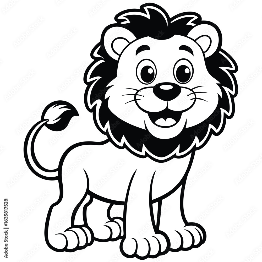 Vector art of cute cartoon lion cub with a big mane, standing and smiling, isolated on a white background for childrens illustrations Vector art of cute cartoon lion cub with a big mane, standing and smiling, isolated on a white background for childrens illustrations
