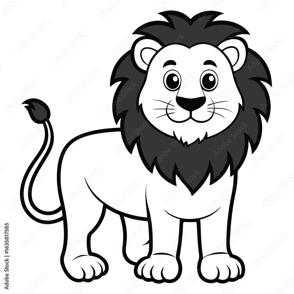 Fototapeta premium Vector art of cute cartoon lion with a dark mane, standing and isolated on a white background