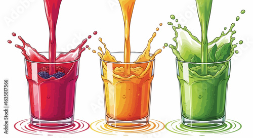 Colorful fruit smoothies pouring into glasses