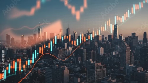 City skyline overlaid with financial charts