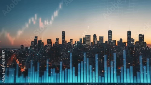City skyline at twilight with overlaid financial data