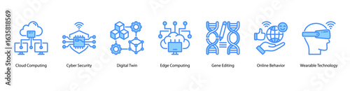 Cloud and Security Evolution web banner icon vector illustration featuring Cloud Computing, Cyber Security, Digital Twin, Edge Computing, Gene Editing, Online Behavior, and Wearable Technology.