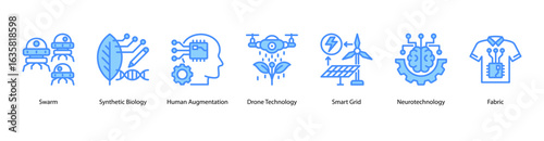 Synthetic Life and Bioengineering web banner icon vector illustration featuring Swarm, Synthetic Biology, Human Augmentation, Drone Technology, Smart Grid, Neurotechnology, and Fabric.