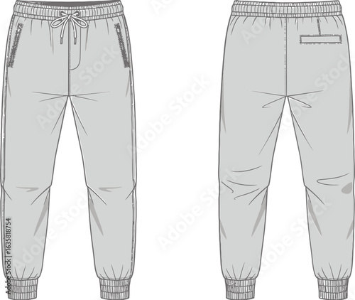 Fashion flat sketch of jogger sweatpants with zipper pockets. Front and back view for apparel design.