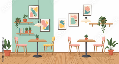 Interior illustration of a cafe or dining area with tables and plants