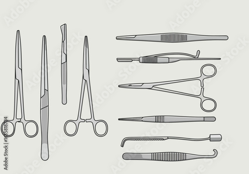 Surgical Instruments Set: Forceps Scalpel and Clamps Illustration.