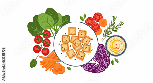 Colorful vegetable and crouton plate flat lay