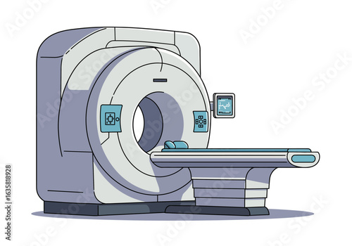 Modern MRI Scanner with Patient Table and Display Screen.