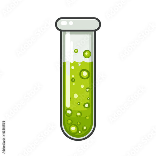Chemical experiment with green liquid bubbling in a test tube in a laboratory setting