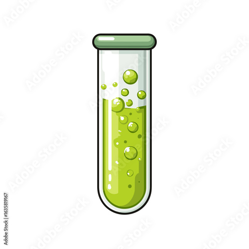 Green liquid in test tube demonstrates a laboratory experiment with bubbling reaction