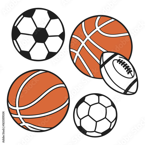 Vector art of collection of four sports balls two basketballs, a soccer ball, and an american football, isolated on a white background