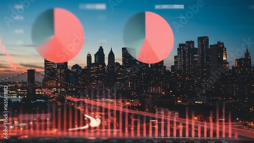 City skyline at twilight with financial data overlay