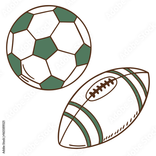 Vector art of soccer ball and american football isolated on white background, representing different sports and games