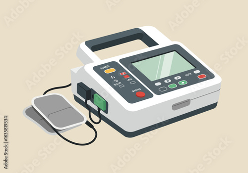 Portable Defibrillator with Handle and Electrode Pads Illustration.