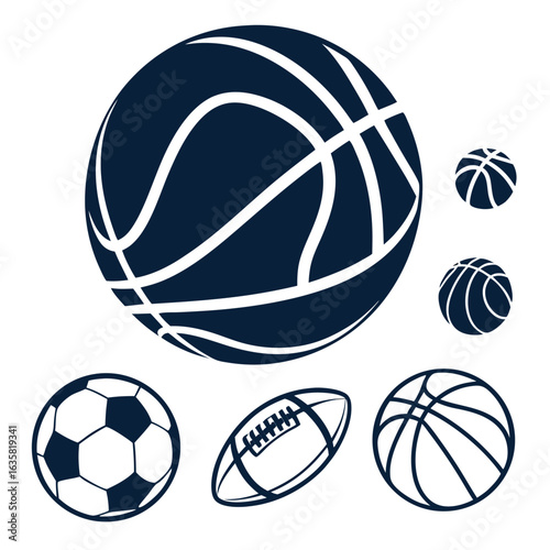 Vector art of collection of various sports balls including basketball, soccer, and american football, isolated on white background