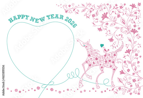 小花を纏い鳥を背にした馬とハートの2026年の年賀状～ピンクとグリーン～