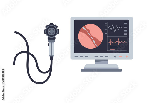 Endoscopy Equipment with Monitor Displaying Internal Image and Heart Rate.
