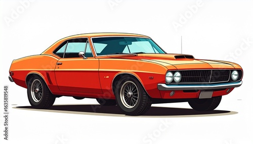 Vintage orange muscle car illustration on a white background. Classic American automotive design from the seventies.