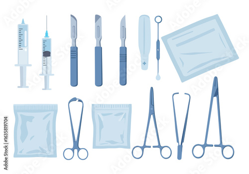 Surgical Instruments Set: Scalpels Syringes Forceps and Sterile Packaging.