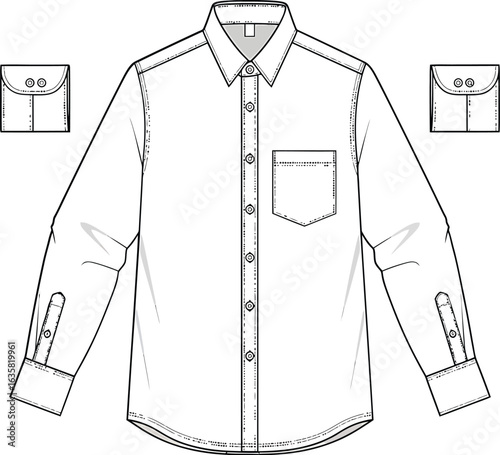Classic men's button-down shirt technical flat vector sketch for apparel design.