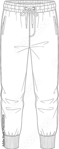 Jogger pants technical fashion flat sketch. Unisex sweatpants vector illustration.