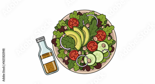 Fresh salad bowl illustration with vegetables and dressing bottle