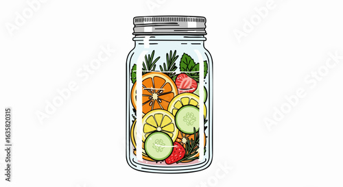 Fruit infused water in glass jar illustration