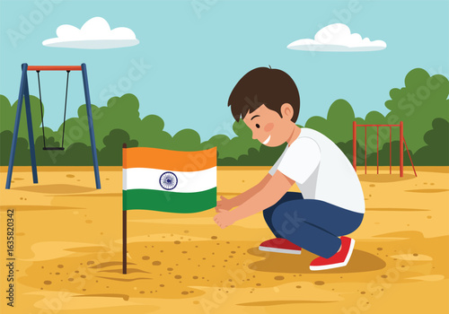 Child Planting Indian Flag in Playground Sand Smiling and Focused.