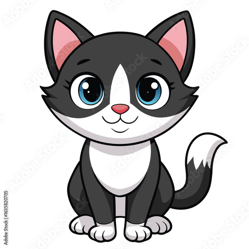 Vector art of cute cartoon tuxedo kitten sitting and looking forward, isolated on white background