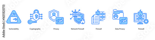 Cryptographic Defense web banner icon vector illustration featuring Vulnerability, Cryptography, Privacy, Network Firewall, Firewall, Data Privacy, and Firewall.