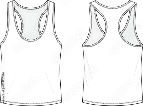 Women's racerback tank top technical fashion flat sketch. Apparel vector template.