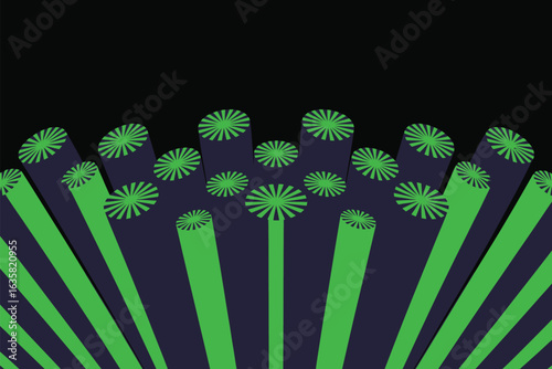 A geometric arrangement of green cylinders with radial designs against a dark background creating depth