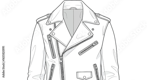 Biker jacket technical flat sketch fashion design illustration vector outline