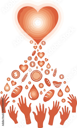 Conceptual illustration of charity with a heart pouring out donations of food and money to hands
