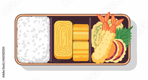 Colorful bento box with rice tamagoyaki tempura and vegetables