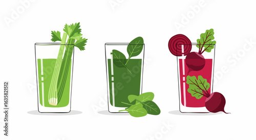 Three colorful vegetable juices in glasses