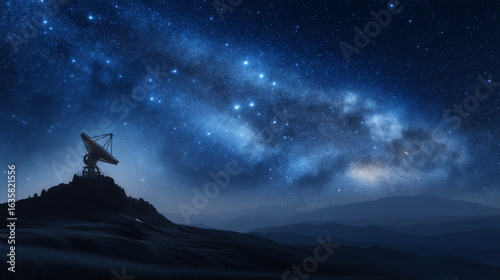 Lone telescope on a mountain peak under a crystal-clear night sky full of stars, silhouette style, deep blue background, astrophotography theme Keywords: stargazing, astronomy, nig